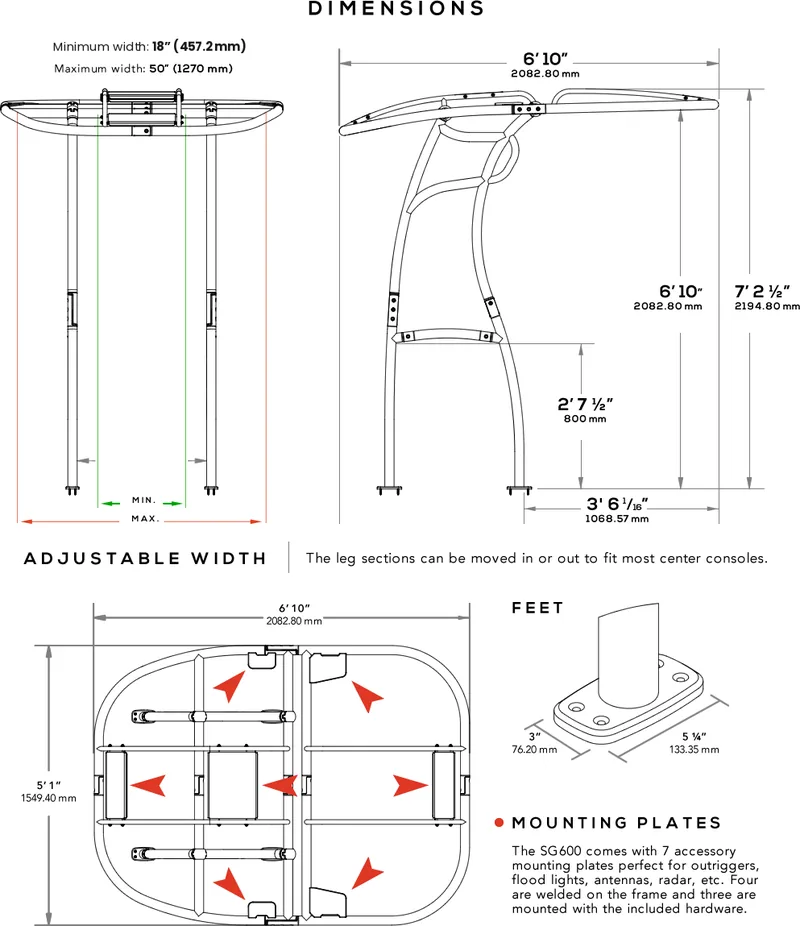 SG600 T-Top dimension diagram: 7 foot 2 and one half inch height, 6 foot 10 inch by 5 foot 1 inch canopy, folding model