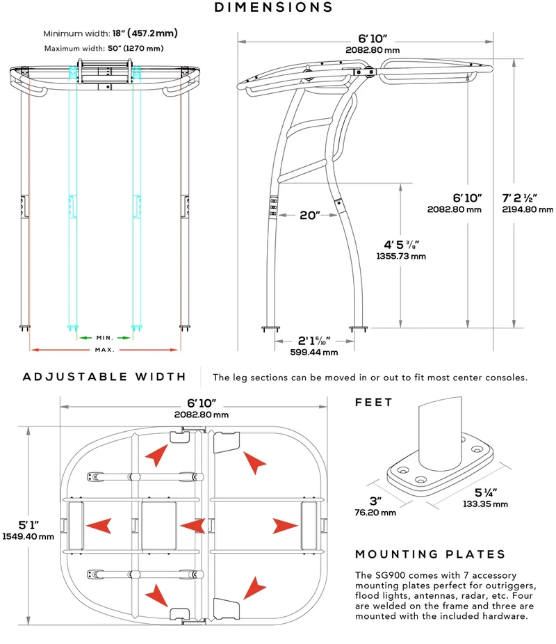 SG900 T-Top dimension diagram: 7 foot 2 and one half inch height, 6 foot 10 inch by 5 foot 1 inch canopy, heavy duty frame