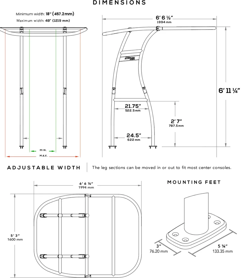 SG300 T-Top dimension diagram: 6 foot 11 and one quarter inch height, 6 foot 6 and one half inch by 5 foot 3 inch canopy